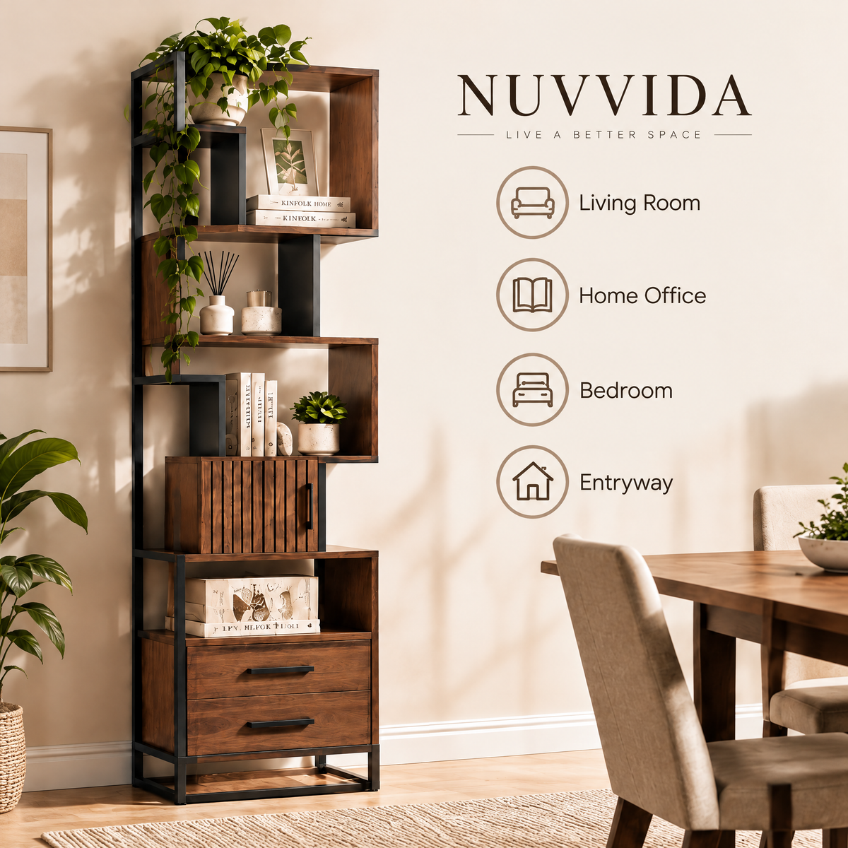Nuvvida® FormaNest Storage Shelf — Asymmetrical Display Bookcase with Cabinet & Drawers