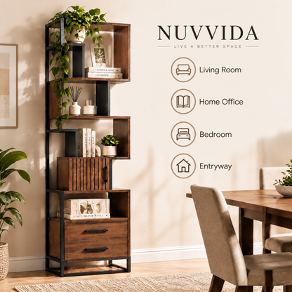 Nuvvida® FormaNest Storage Shelf — Asymmetrical Display Bookcase with Cabinet & Drawers