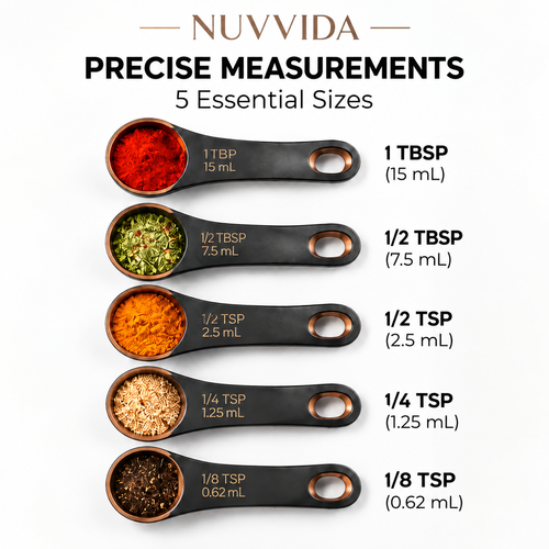 Nuvvida® MeasureNest Measuring Spoon Set — 5-Piece Spice Measuring Set with 360° Rotating Stand