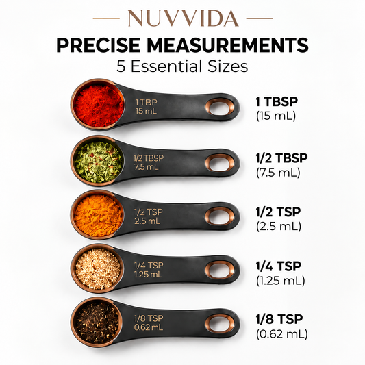 Nuvvida® MeasureNest Measuring Spoon Set — 5-Piece Spice Measuring Set with 360° Rotating Stand