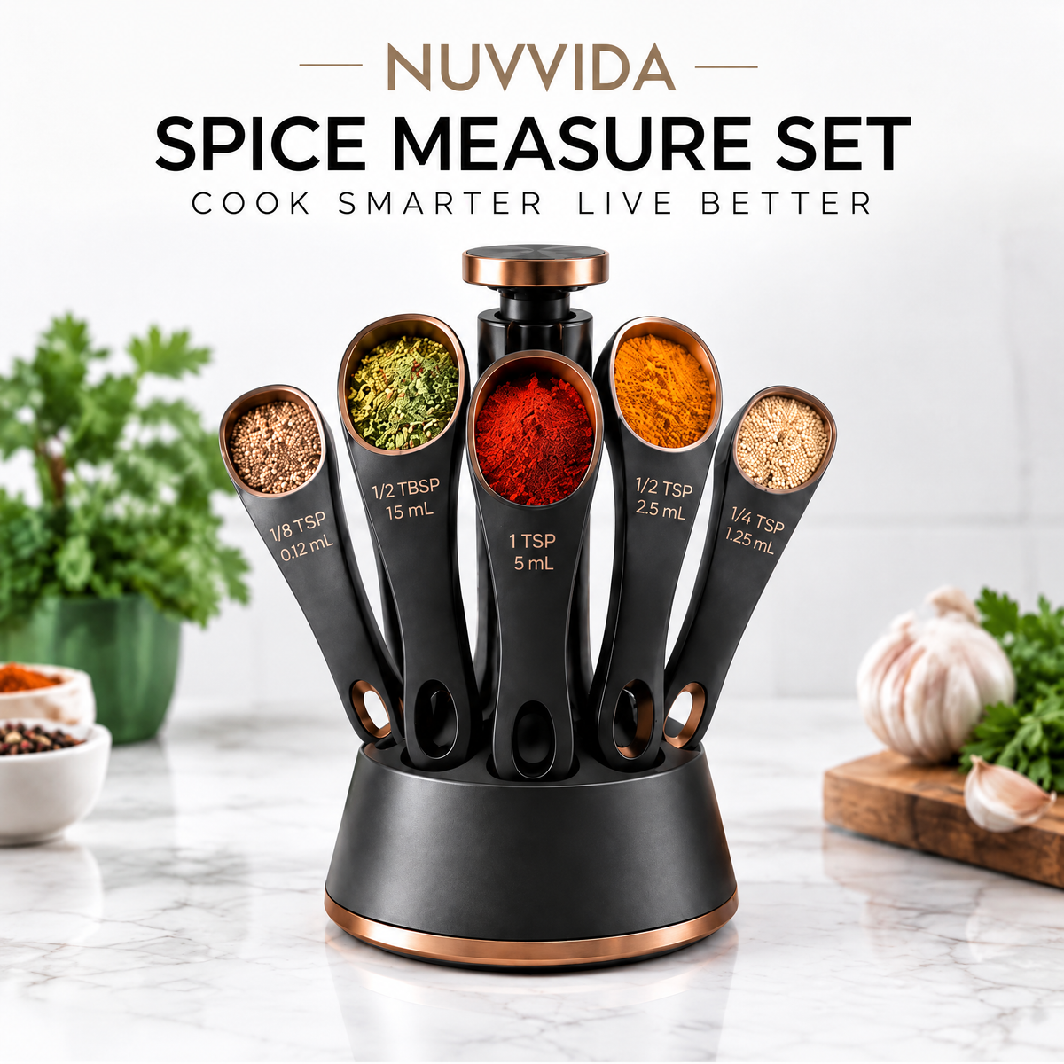 Nuvvida® MeasureNest Measuring Spoon Set — 5-Piece Spice Measuring Set with 360° Rotating Stand