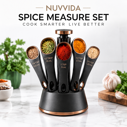 Nuvvida® MeasureNest Measuring Spoon Set — 5-Piece Spice Measuring Set with 360° Rotating Stand
