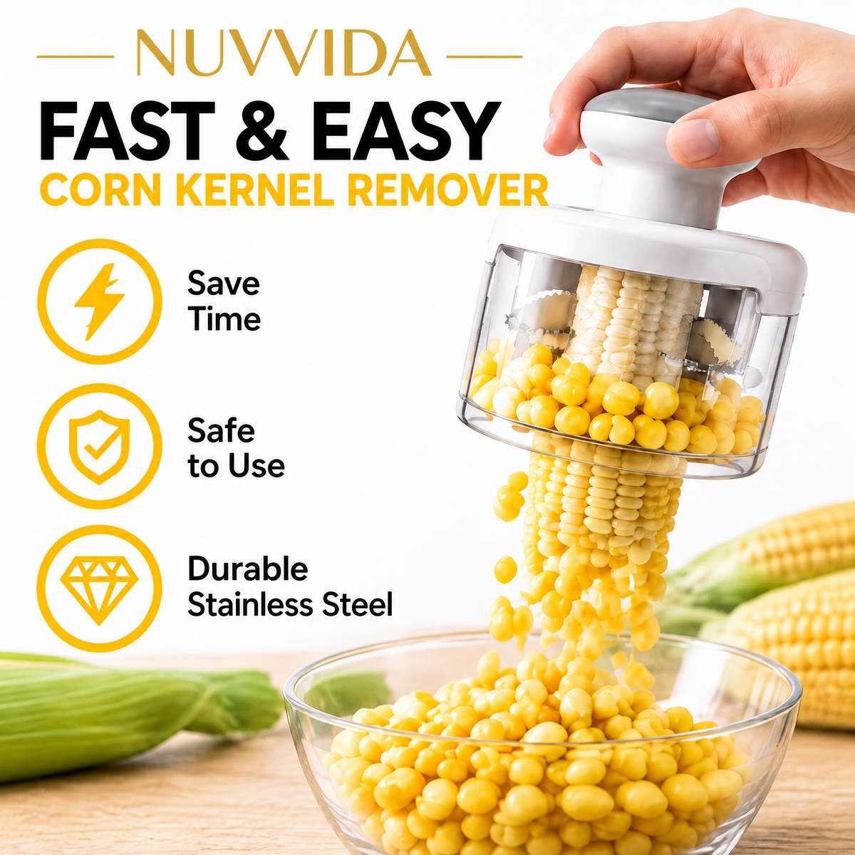 Nuvvida® CornEase Kernel Remover — Stainless Steel Corn Stripper with Catching Container