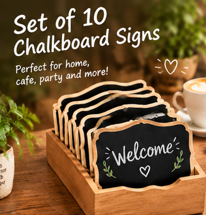 Nuvvida® NoteNest Chalkboard Sign Set — 10-Piece Mini Message Boards with Wooden Stand & Chalk Markers