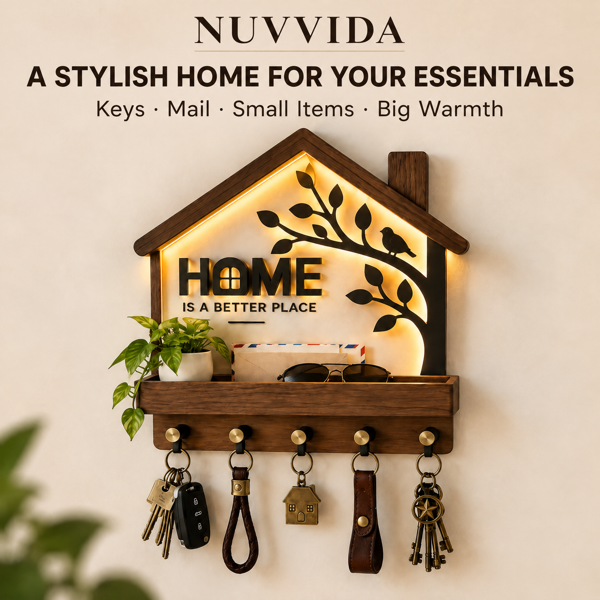 Nuvvida® LumiNest Wall Organizer — LED Entryway Shelf with Key Hooks & Mail Storage